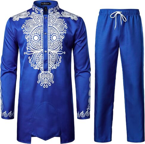 LucMatton Men's African Attire 2 Piece Set Long Sleeve Gold Foil Printing Dashiki and Pants Outfit Traditional Suit in Saudi Arabia