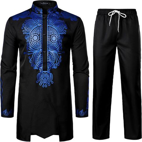 LucMatton Men's African Attire 2 Piece Set Long Sleeve Gold Foil Printing Dashiki and Pants Outfit Traditional Suit in Saudi Arabia
