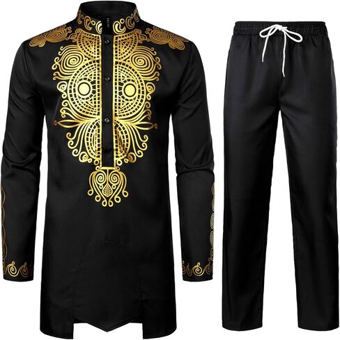 LucMatton Men's African Attire 2 Piece Set Long Sleeve Gold Foil Printing Dashiki and Pants Outfit Traditional Suit in Saudi Arabia