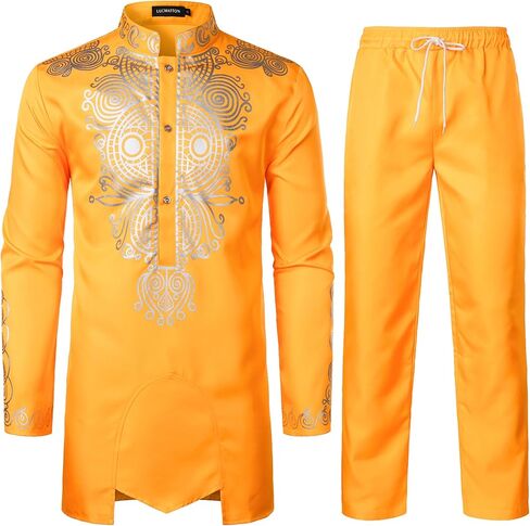 LucMatton Men's African Attire 2 Piece Set Long Sleeve Gold Foil Printing Dashiki and Pants Outfit Traditional Suit in Saudi Arabia