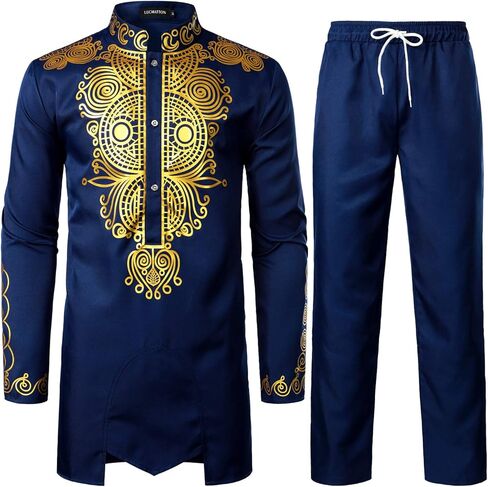 LucMatton Men's African Attire 2 Piece Set Long Sleeve Gold Foil Printing Dashiki and Pants Outfit Traditional Suit in Saudi Arabia