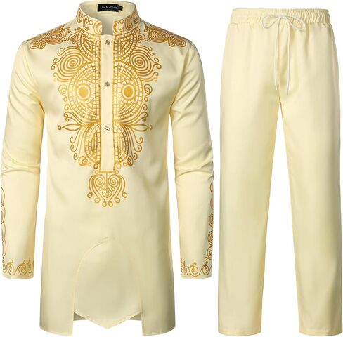 LucMatton Men's African Attire 2 Piece Set Long Sleeve Gold Foil Printing Dashiki and Pants Outfit Traditional Suit in Saudi Arabia