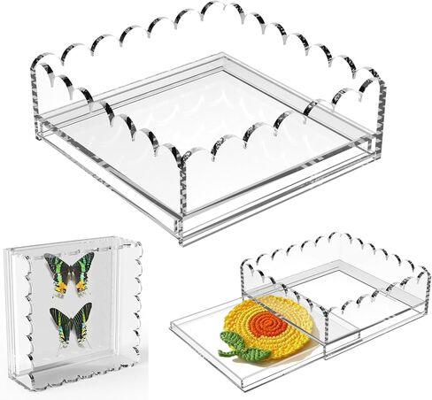 Scalloped Acrylic Tray with Magnetic Mat - 6.7"x6.7" Vanity Tray for Perfume with Drawer,Customizable for Photos,Artwork,Jewelry，Messages,Durable Perfect for Home Decor,Bathroom Counter Organizer in Saudi Arabia