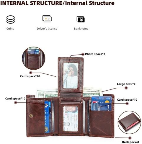 محفظة ثلاثية الطي من الجلد الطبيعي الفاخر للرجال - تقنية حجب RFID، سعة كبيرة للبطاقات والنقود، تصميم نحيف لسهولة الحمل (القهوة) in Kuwait
