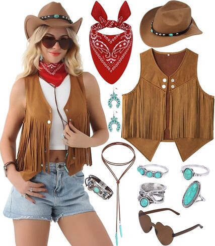 Western Cowgirl Outfits for Women Cropped Fringe Sleeveless Vest 70s Cowboy Turquoise Accessories Country Set 11PCS in Saudi Arabia