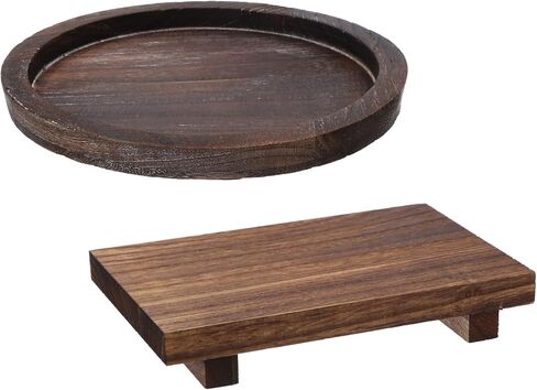 Chunful 2 Pcs Rustic Wooden Tray Set Wood Riser Tray Soap and Round Candleholder Wood Pedestal Stand Vintage Centerpiece Candleholder Suitable for Bathroom Kitchen Farmhouse Decoration(Charcoal) in Saudi Arabia