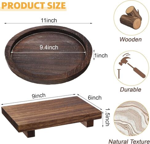 Chunful 2 Pcs Rustic Wooden Tray Set Wood Riser Tray Soap and Round Candleholder Wood Pedestal Stand Vintage Centerpiece Candleholder Suitable for Bathroom Kitchen Farmhouse Decoration(Charcoal) in Saudi Arabia