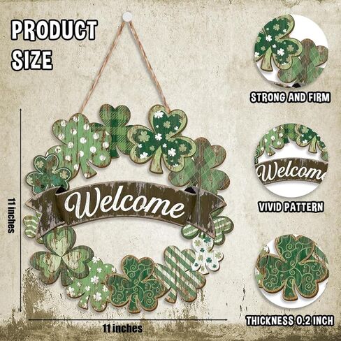 St Patrick's Day Welcome Sign Welcome Door Signs for Front Door Outside Shamrock Wreath Hanging Decoration for Holiday Home Wall Farmhouse St Patrick's Day Decor Irish Gift for Women Wooden Wreath in Saudi Arabia