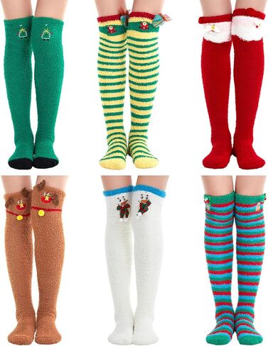 6 Pairs Christmas Thigh High Fuzzy Socks for Women Long Striped Knee High Socks over the Knee Xmas Fuzzy Thigh Cute Warm Fluffy Novelty Funny for Christmas Birthday Gifts Party Costume in Saudi Arabia