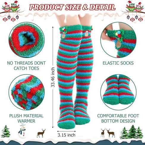 6 Pairs Christmas Thigh High Fuzzy Socks for Women Long Striped Knee High Socks over the Knee Xmas Fuzzy Thigh Cute Warm Fluffy Novelty Funny for Christmas Birthday Gifts Party Costume in Saudi Arabia