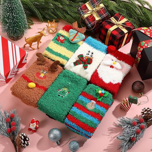 6 Pairs Christmas Thigh High Fuzzy Socks for Women Long Striped Knee High Socks over the Knee Xmas Fuzzy Thigh Cute Warm Fluffy Novelty Funny for Christmas Birthday Gifts Party Costume in Saudi Arabia