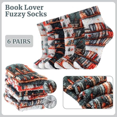 6 Pairs Book Lover Fuzzy Socks Winter Cozy Book Lover Socks Funny Bookish Gifts Reading Books Reader Club Gifts for Women Readers Teacher Students in Saudi Arabia