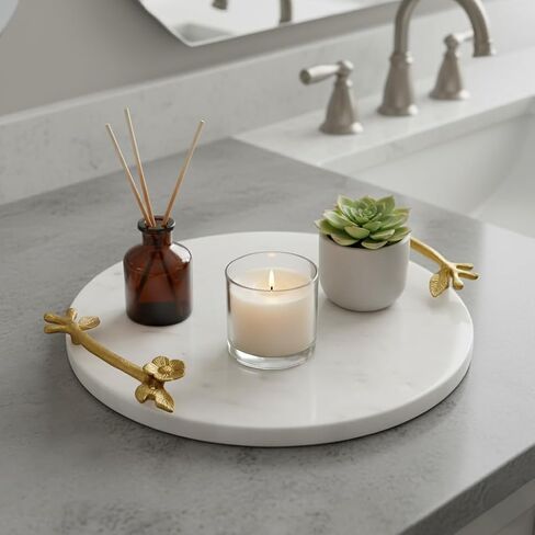 Natural Marble Tray with Golden Flower Handles - Kitchen Countertop Decor, Stone Tray for Bathroom Organizer, Marble Decor for Modern Living Rooms in Saudi Arabia