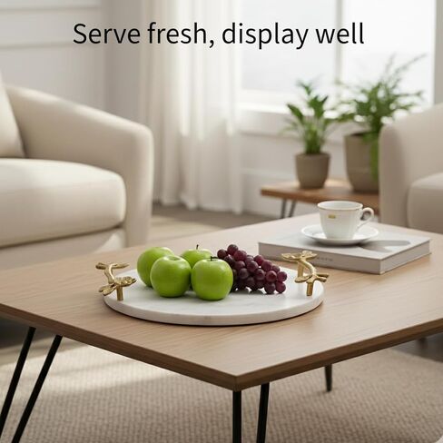 Natural Marble Tray with Golden Flower Handles - Kitchen Countertop Decor, Stone Tray for Bathroom Organizer, Marble Decor for Modern Living Rooms in Saudi Arabia