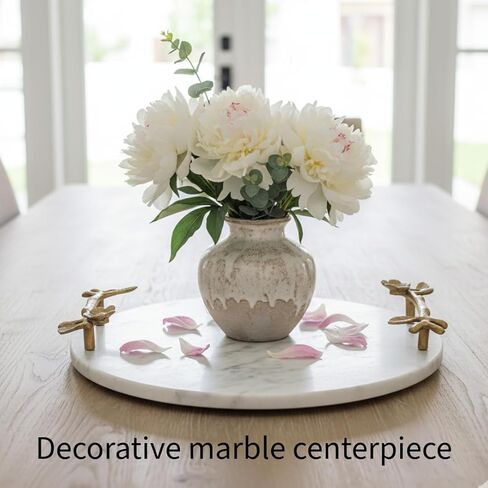 Natural Marble Tray with Golden Flower Handles - Kitchen Countertop Decor, Stone Tray for Bathroom Organizer, Marble Decor for Modern Living Rooms in Saudi Arabia