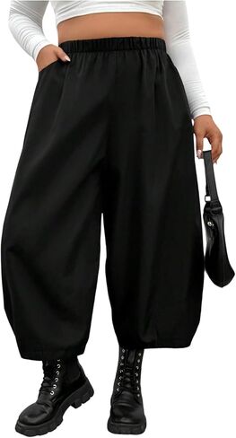 GORGLITTER Women's Plus Size Barrel Cargo Pants Casual High Waisted Wide Leg Harem Slacks Cropped Pants with Pockets in Saudi Arabia