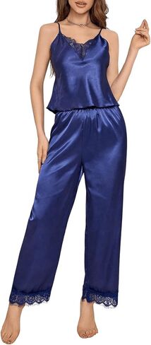 OYOANGLE Women's Silk Satin Lace Pajamas Sleeveless Pjs Set 2 Piece V Neck Cami and Pants Loungewear Sleepwear in Saudi Arabia