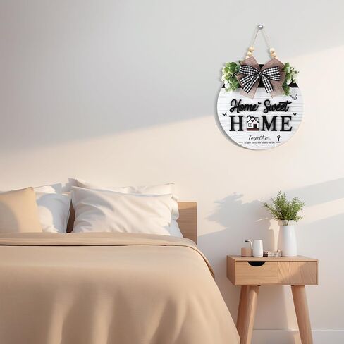 علامة Home Sweet Home، علامة ترحيب خشبية للباب الأمامي، ديكور شرفة مزرعة ثلاثي الأبعاد معلق مع خرز ريفي، شماعة ترحيب لديكور الحائط الخارجي لجميع المواسم (أبيض) in Kuwait