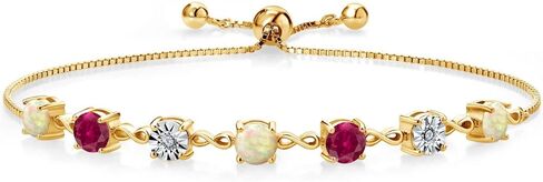Gem Stone King 2.91 Ct Round Cabochon White Ethiopian Opal Red Created Ruby 18K Yellow Gold Plated Silver Lab Grown Diamond Tennis Bracelet For Women (Fully Adjustable Up to 9 Inch) in Saudi Arabia