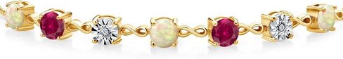 Gem Stone King 2.91 Ct Round Cabochon White Ethiopian Opal Red Created Ruby 18K Yellow Gold Plated Silver Lab Grown Diamond Tennis Bracelet For Women (Fully Adjustable Up to 9 Inch) in Saudi Arabia
