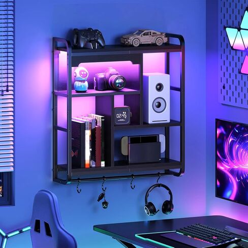 HOOBRO Gaming Floating Shelves with LED Lights, 26.4" LED Wall Mounted Shelf, Modern Corner Shelf 3-Tier Display Rack for Wall Storage, Arched Design, for Kitchen, Living Room, Study, White WT44DBJ01 in Saudi Arabia
