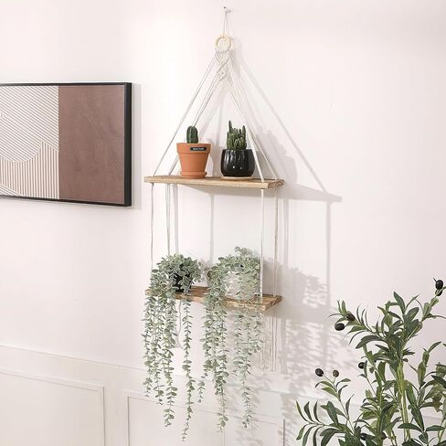رف نباتي معلق من طبقتين من Boho Macrame، أرفف خشبية معلقة على الحائط، حبل قطني لعرض صور النباتات، رفوف تخزين معلقة لغرفة المعيشة وغرفة النوم المنزلية in Kuwait
