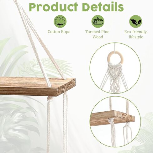 رف نباتي معلق من طبقتين من Boho Macrame، أرفف خشبية معلقة على الحائط، حبل قطني لعرض صور النباتات، رفوف تخزين معلقة لغرفة المعيشة وغرفة النوم المنزلية in Kuwait
