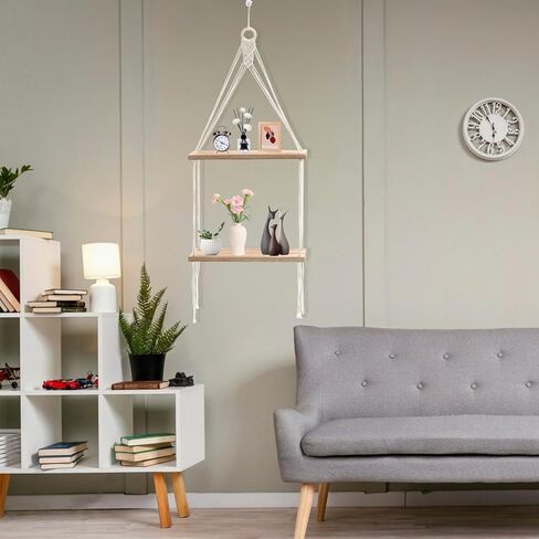 رف نباتي معلق من طبقتين من Boho Macrame، أرفف خشبية معلقة على الحائط، حبل قطني لعرض صور النباتات، رفوف تخزين معلقة لغرفة المعيشة وغرفة النوم المنزلية in Kuwait