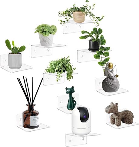 10 Pack 4 Inches Small Acrylic Wall Shelves,Clear Floating Shelves with Dual Installation (Adhesive & Screws), for Storing Surveillance Cameras, Speakers, Perfume Bottles, Plants in Saudi Arabia