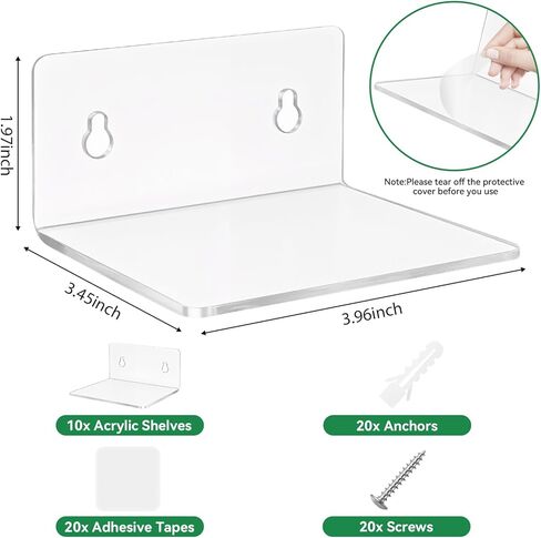 10 Pack 4 Inches Small Acrylic Wall Shelves,Clear Floating Shelves with Dual Installation (Adhesive & Screws), for Storing Surveillance Cameras, Speakers, Perfume Bottles, Plants in Saudi Arabia
