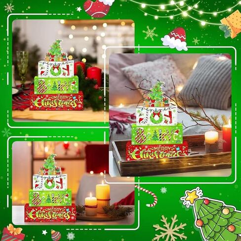 4 قطع عيد الميلاد الخشبية ديكور الطاولة الشتاء شجرة عيد الميلاد هدية زخارف صينية المتدرج، قطع مركزية للطاولة الشتوية، علامات كتلة ريفية باللونين الأحمر والأخضر، هدايا ديكور المطبخ والأثاث in Kuwait