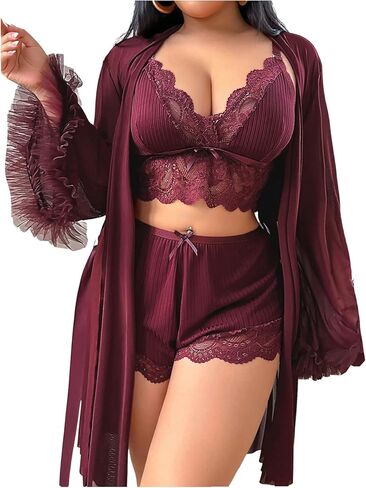 OYOANGLE Women's Plus Size Lingerie Set Lace Ribbed Bra and Panty with Long Sleeve Sheer Kimono Robe Sets in Saudi Arabia