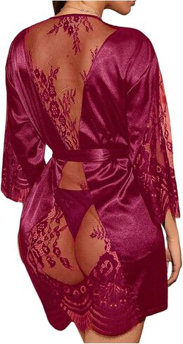 SOLY HUX Women's Lace Sheer Satin Robe Silk Kimono Bridesmaid Robes Sleepwear with Belted in Saudi Arabia