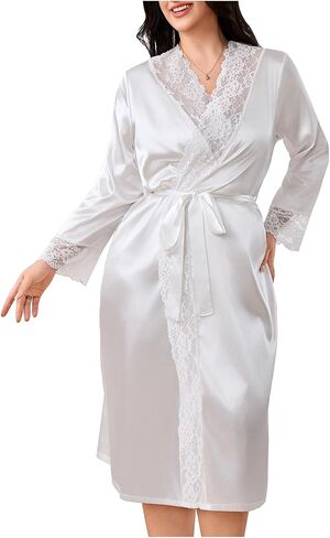 OYOANGLE Women's Plus Size Satin Robe Lace Trim 3/4 Sleeve Bridesmaid Bride Long Kimono Bathrobes in Saudi Arabia