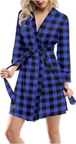 2025 Women's Flannel Plaid Robe Lightweight Soft Kimono Bathrobe Loose Long Sleeve Loungewear Nightgown Sleepwear in Saudi Arabia