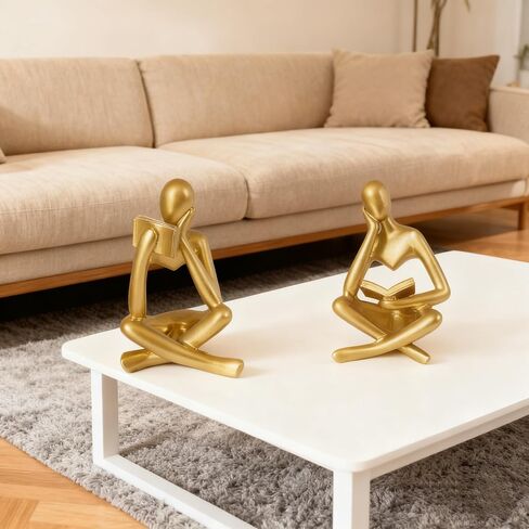 Set of 2 Gold Reading Women Statues, Resin Abstract Art Thinker Sculptures Collectible Figurines, Left Right Facing Modern Aesthetic Decor for Living Room Bedroom Office Shelf Desk (Gold) in Saudi Arabia