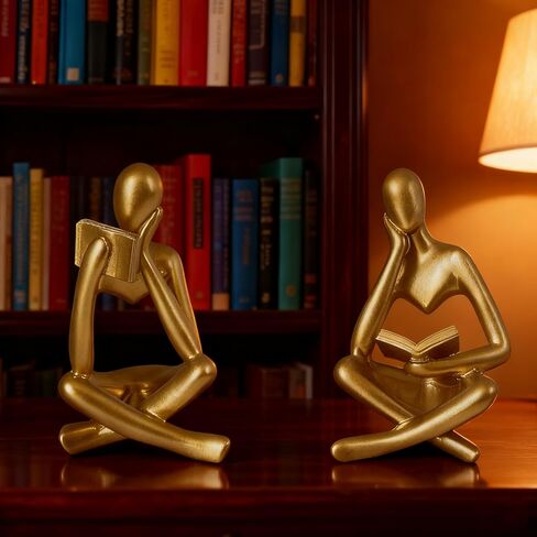 Set of 2 Gold Reading Women Statues, Resin Abstract Art Thinker Sculptures Collectible Figurines, Left Right Facing Modern Aesthetic Decor for Living Room Bedroom Office Shelf Desk (Gold) in Saudi Arabia