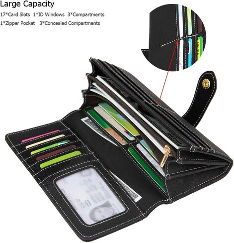 Women's Genuine Leather Long Bifold Wallet with 17 Card Slots Large Capacity Card Holder (Black) in Saudi Arabia