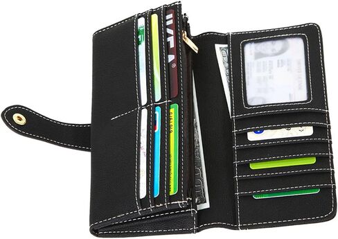 Women's Genuine Leather Long Bifold Wallet with 17 Card Slots Large Capacity Card Holder (Black) in Saudi Arabia