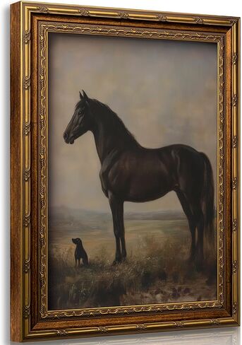 Vintage Gold Framed Horse Wall Art Horse and Dog Canvas Wall Decor Retro Rustic Farmhouse Animal Picture Rustic Horses Poster Artwork for Home Living Bedroom Farmhouse Hallway 9x11in in Saudi Arabia