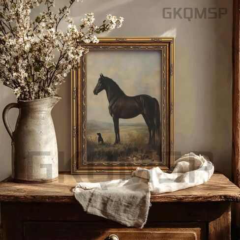 Vintage Gold Framed Horse Wall Art Horse and Dog Canvas Wall Decor Retro Rustic Farmhouse Animal Picture Rustic Horses Poster Artwork for Home Living Bedroom Farmhouse Hallway 9x11in in Saudi Arabia