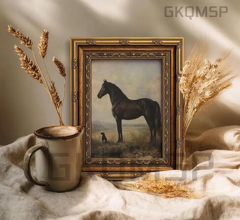 Vintage Gold Framed Horse Wall Art Horse and Dog Canvas Wall Decor Retro Rustic Farmhouse Animal Picture Rustic Horses Poster Artwork for Home Living Bedroom Farmhouse Hallway 9x11in in Saudi Arabia