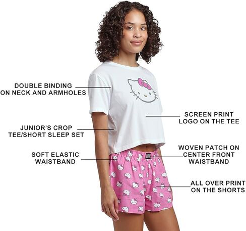 مجموعة ملابس نوم Bioworld Hello Kitty Crop Tee وشورت منقط in Kuwait