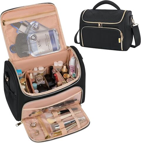 Travel Toiletry Bag Large Cosmetic Makeup Bag Organizer for Women,Wide-open Make Up Bag Waterproof Makeup Case Travel Bag with Handle and Dividers for Toiletries,Essentials,Accessories,Black in Saudi Arabia