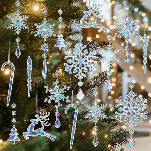 24 Pcs Crystal Christmas Ornaments Pink Acrylic Snowflakes Elk Canes Christmas Tree Decorations Hanging Icicle Drop Crystal Ornaments for Christmas Tree Decor Party Supplies in Kuwait