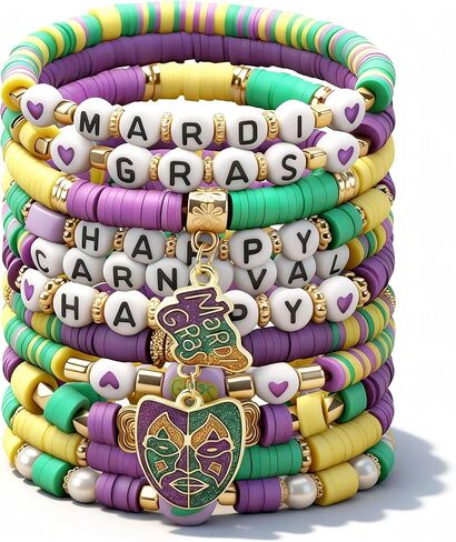 Long tiantian Mardi Gras Accessories for Women Glitter Mask Fleur De Lis Jester Hat Beaded Stretch Bracelets Mardi Gras Outfit for Women Trendy 2026 in Kuwait