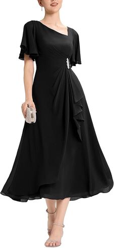 Ever-Pretty Women's Asymmetrical Neck Semi Formal Dress Chiffon Rhinestone Maxi A-Line Cocktail Wedding Guest Dresses 02463 in Kuwait
