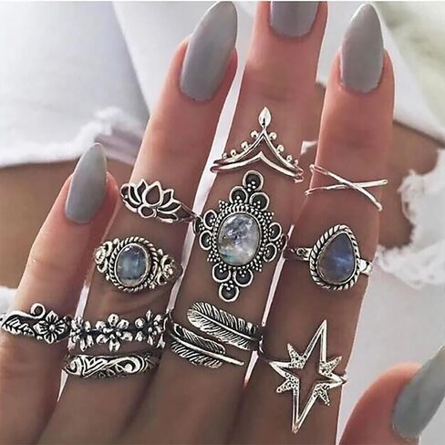 A Set Bohemian Knuckle Finger Rings Set For Women Vintage Crown Geometric Color Ring Wedding Jewelry in Saudi Arabia