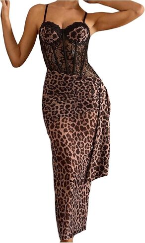 SHENHE Women's Cheetah Print Lace Bustier Corset Dress Sexy Bodycon Party Evening Long Dress in Kuwait