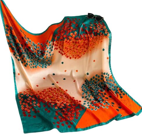 90x90cm Silk Scarf for Women Hair – Lightweight Mulberry Silk Feeling Sunscreen Shawl, Dressy Satin Printed Square Scarf with Vintage Colored Leaves Design, Perfect for Scarf Slide in Saudi Arabia